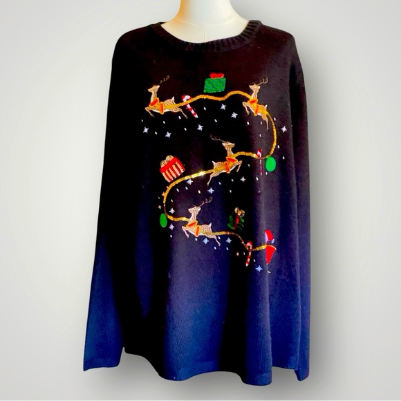 Karen Scott Sweaters - Karen Scott Festive Black Christmas Holiday Sweater with Reindeer Design Size 2X